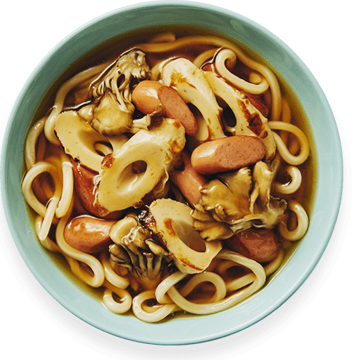 舞茸と<br />ウインナーの<br />あんかけ<br />うどん