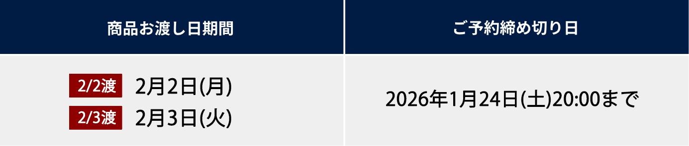 商品お渡し日期間 2月2日(月) 2月3日(火) ご予約締め切り日 2026年1月24日(土)20時まで