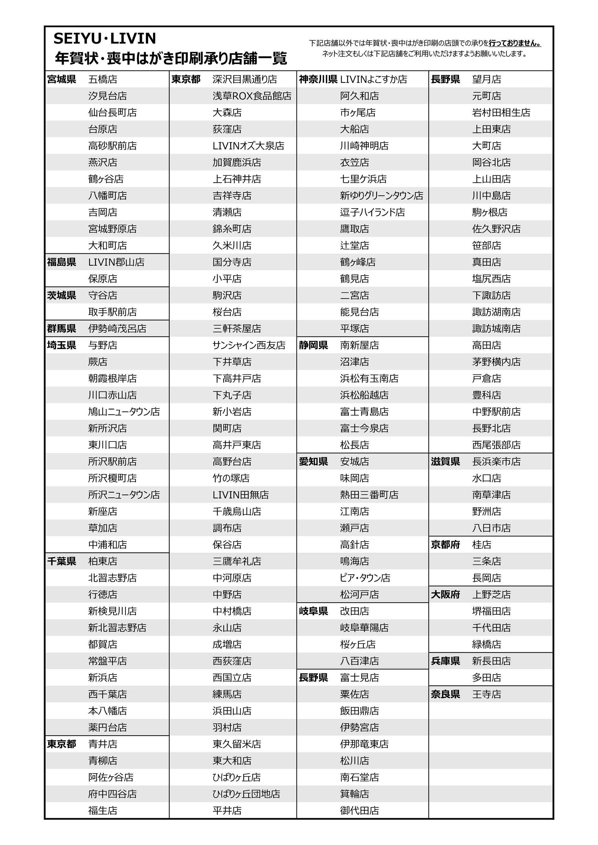 年賀状・喪中はがき印刷承り店舗一覧