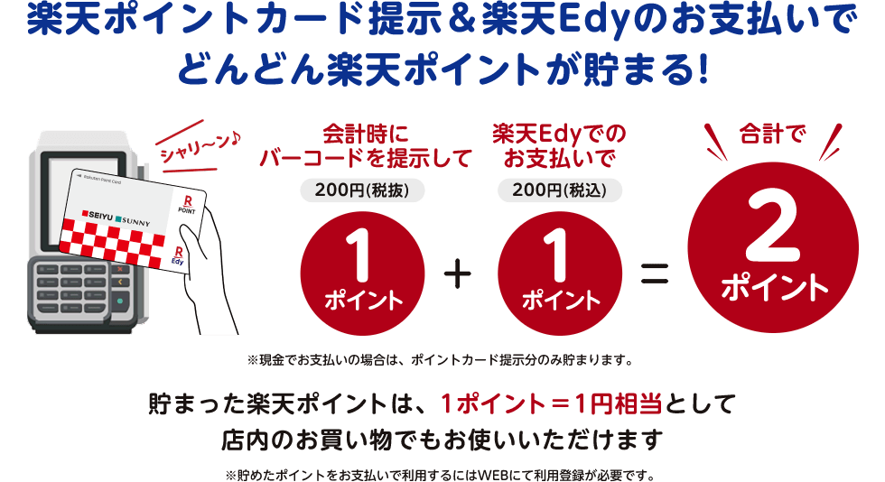 楽天ポイントカード提示＆楽天Edyのお支払いでどんどん楽天ポイントが貯まる!!