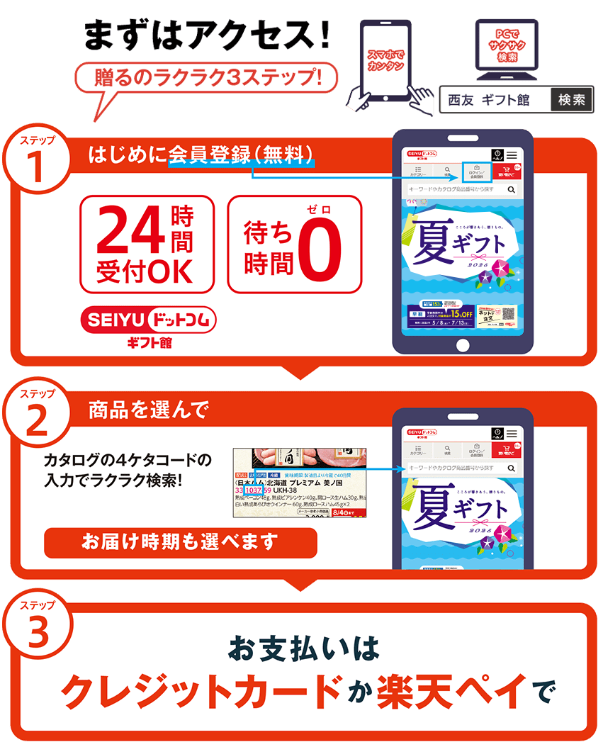ネットならまずはアクセス!贈るのラクラク3ステップ!