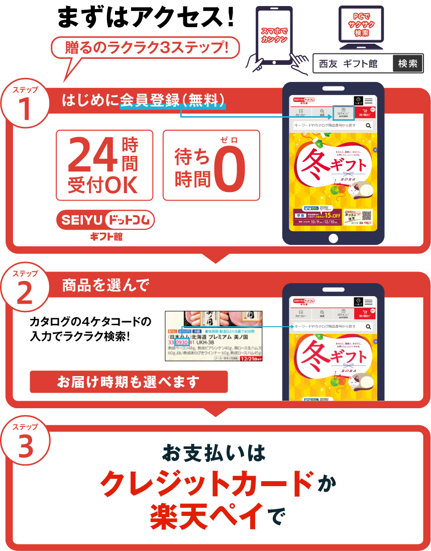 ネットならまずはアクセス!贈るのラクラク3ステップ!
